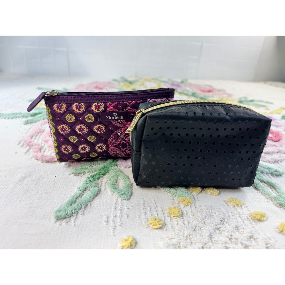 Modella Makeup Bag Set Purple Quilted Paisley and Black Polka Dot Travel Pouches